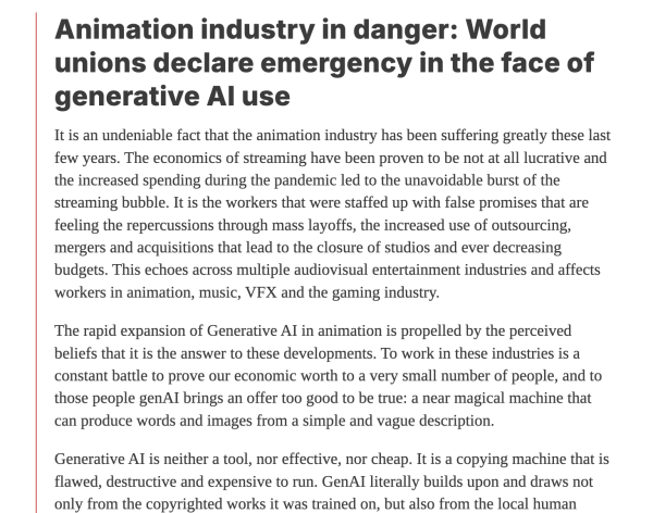 天天盈 AI追捧和起诉交织：全球多家动画工会紧急声明 AI挤占人类创作者生存空间